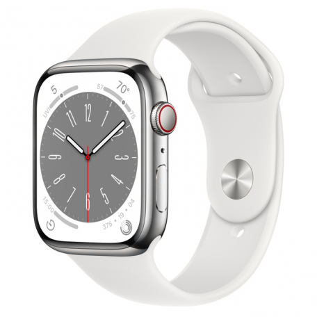 Apple Watch Series 8 45mm Silver Stainless Steel Case with White Sport Band (MNKE3)