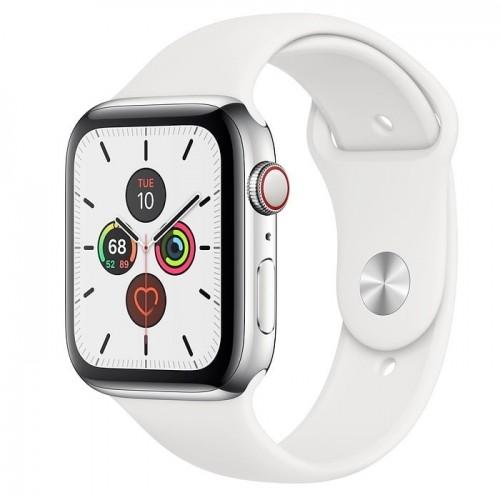 Apple Watch Series 5 44mm GPS+LTE Stainless Steel Case with White Sport Band (MWW22, MWWF2)