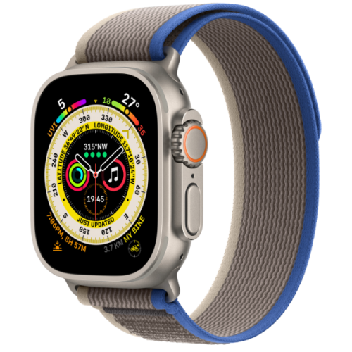 Apple Watch Ultra GPS + Cellular 49mm Titanium Case with Blue/Gray Trail Loop M/L (MQFV3)