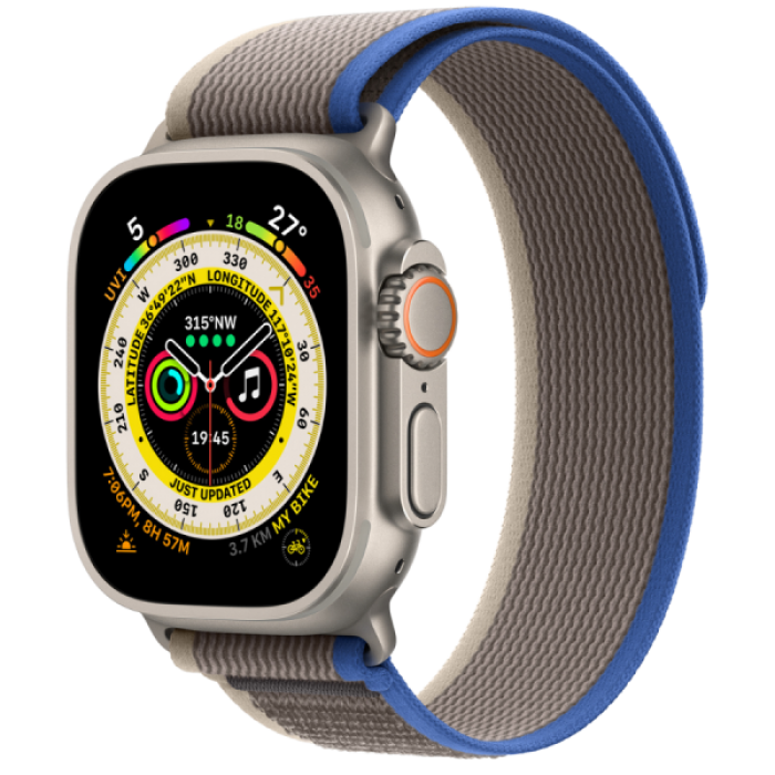 Apple Watch Ultra GPS + Cellular 49mm Titanium Case with Blue/Gray Trail Loop S/M (MNHL3)