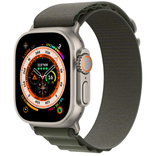 Apple Watch Ultra GPS + Cellular 49mm Titanium Case with Green Alpine Loop Medium (MQFN3)