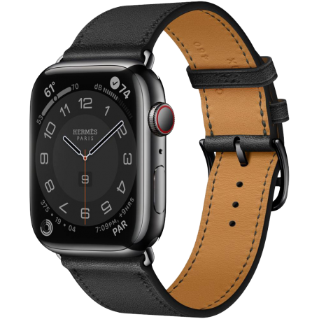 Apple Watch Hermes Series 7 GPS + Cellular 45mm Space Black Stainless Steel Case with Noir Swift Leather Single Tour (MKMW3)